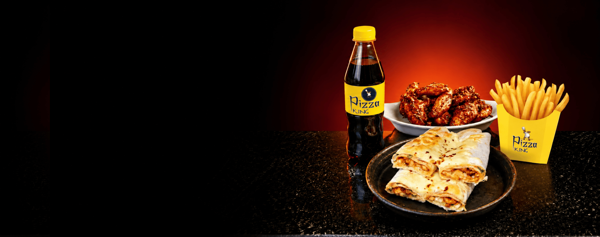 Pizza King roll platter with Behari roll, grill wings, fries and a drink